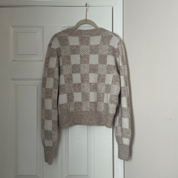 Sincerely Jules Cropped Checkboard Sweater White Cream Tan Size Large L Cardigan - Picture 2 of 6